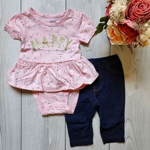 Carter's 2 piece baby outfit pink happy bodysuit with denim pants NWT Size 3 mo